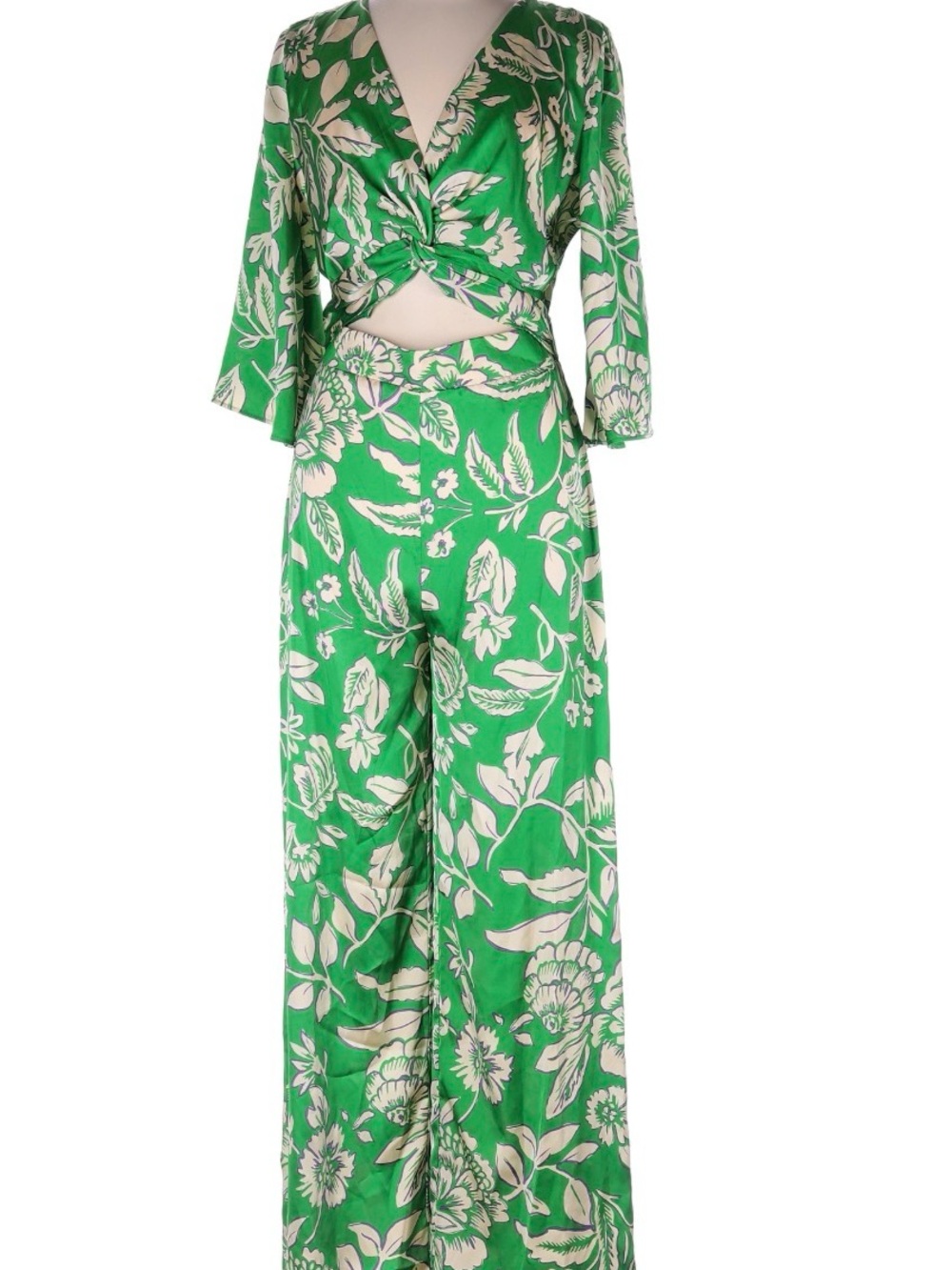 Zara Green and Cream Floral Twist-Front Jumpsuit